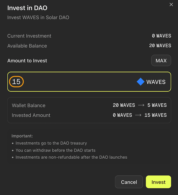 Token amount entered in the “Amount to Invest” block