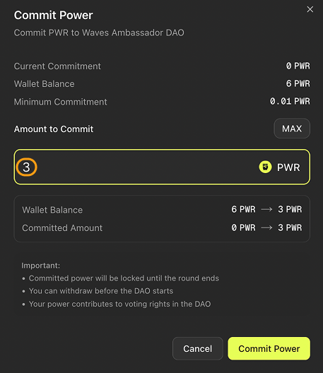 Token amount entered in the “Amount to Commit” block