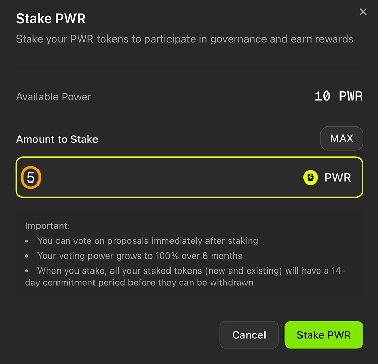 PWR token amount entered in the “Amount to Stake” block