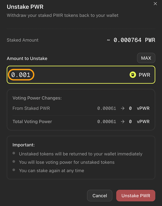 PWR token amount entered in the “Amount to Unstake” block