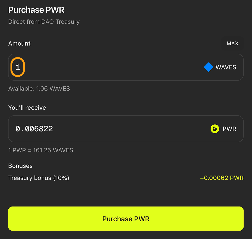 WAVES token amount entered in the “Amount” block
