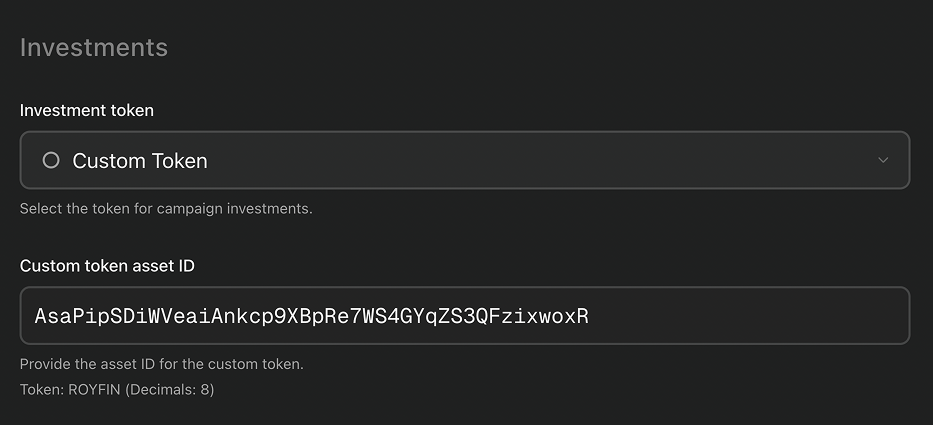 The “Investment” block with custom token details selected