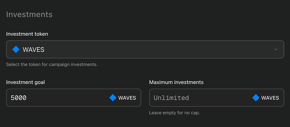 Investments' parameters selected