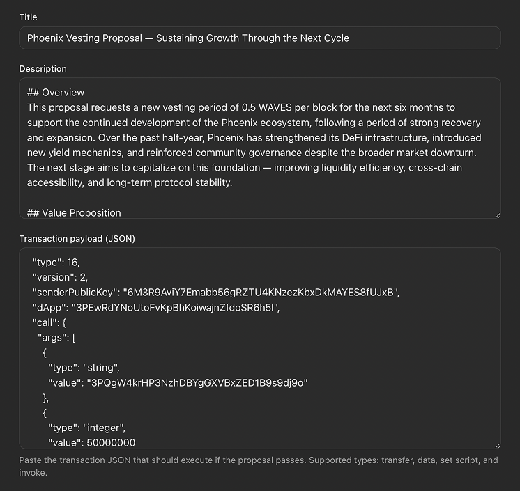 Proposal's title, overview, and transaction payload entered