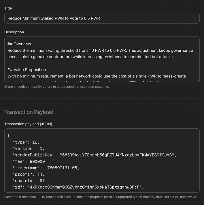 Proposal's title, overview, and transaction payload entered