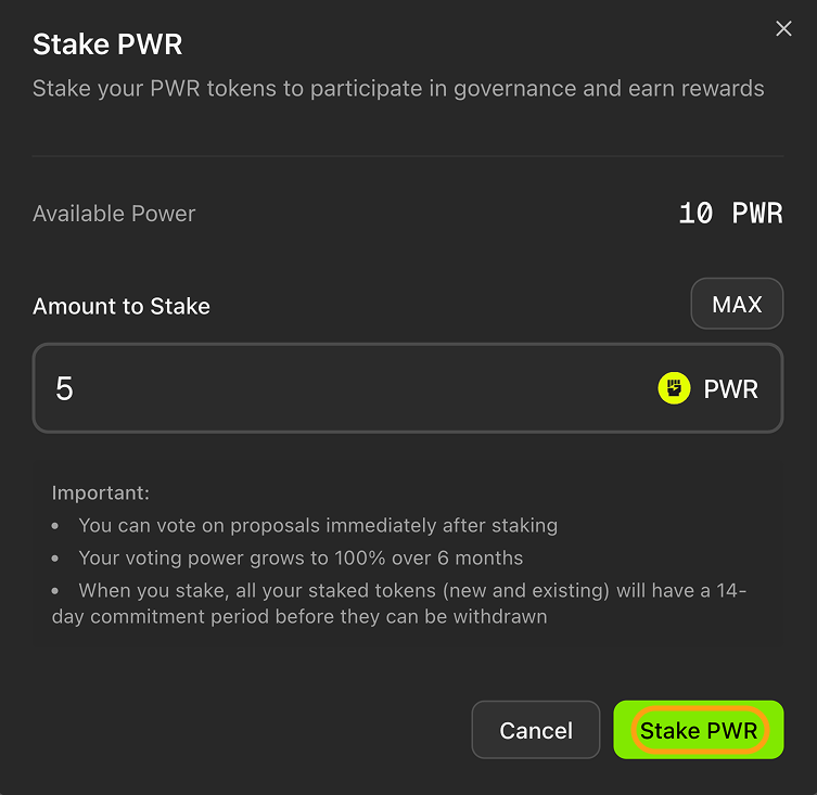 The “Stake PWR” button