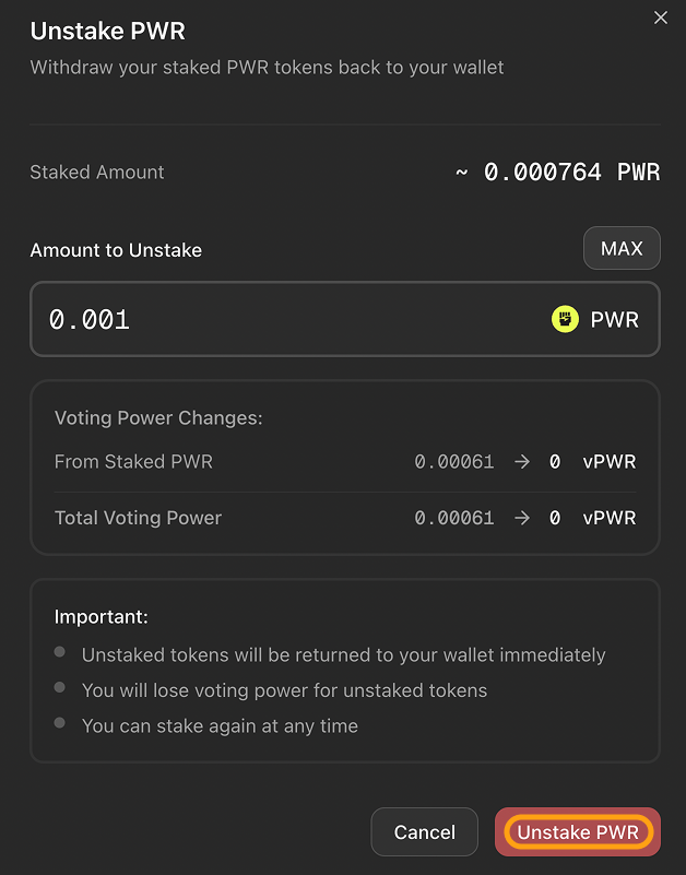The “Unstake PWR” button