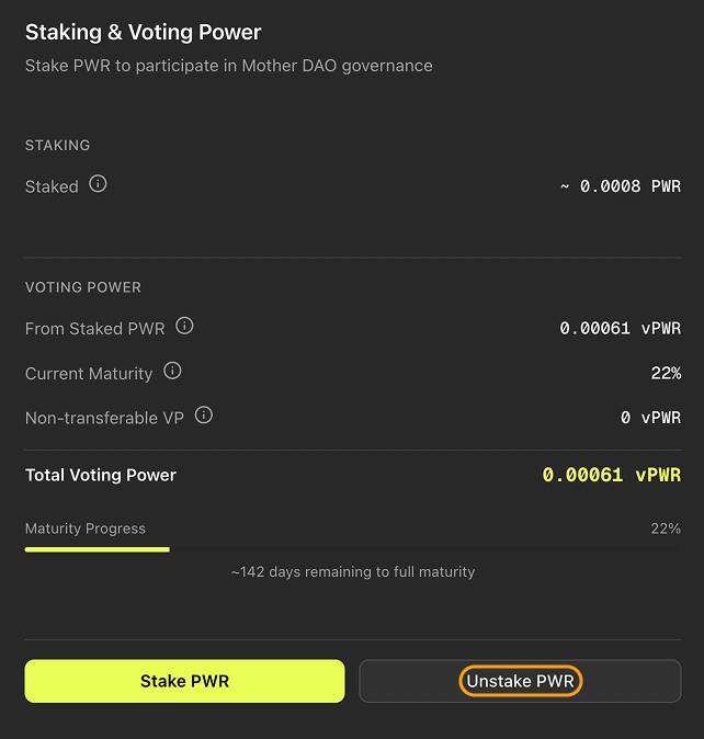 The “Unstake PWR” button