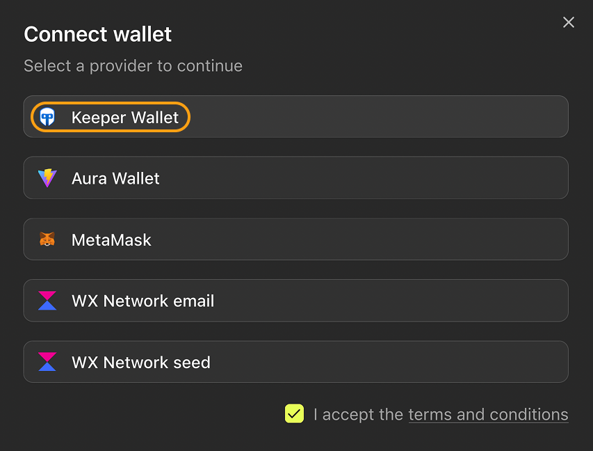 Example of a wallet connection method selected